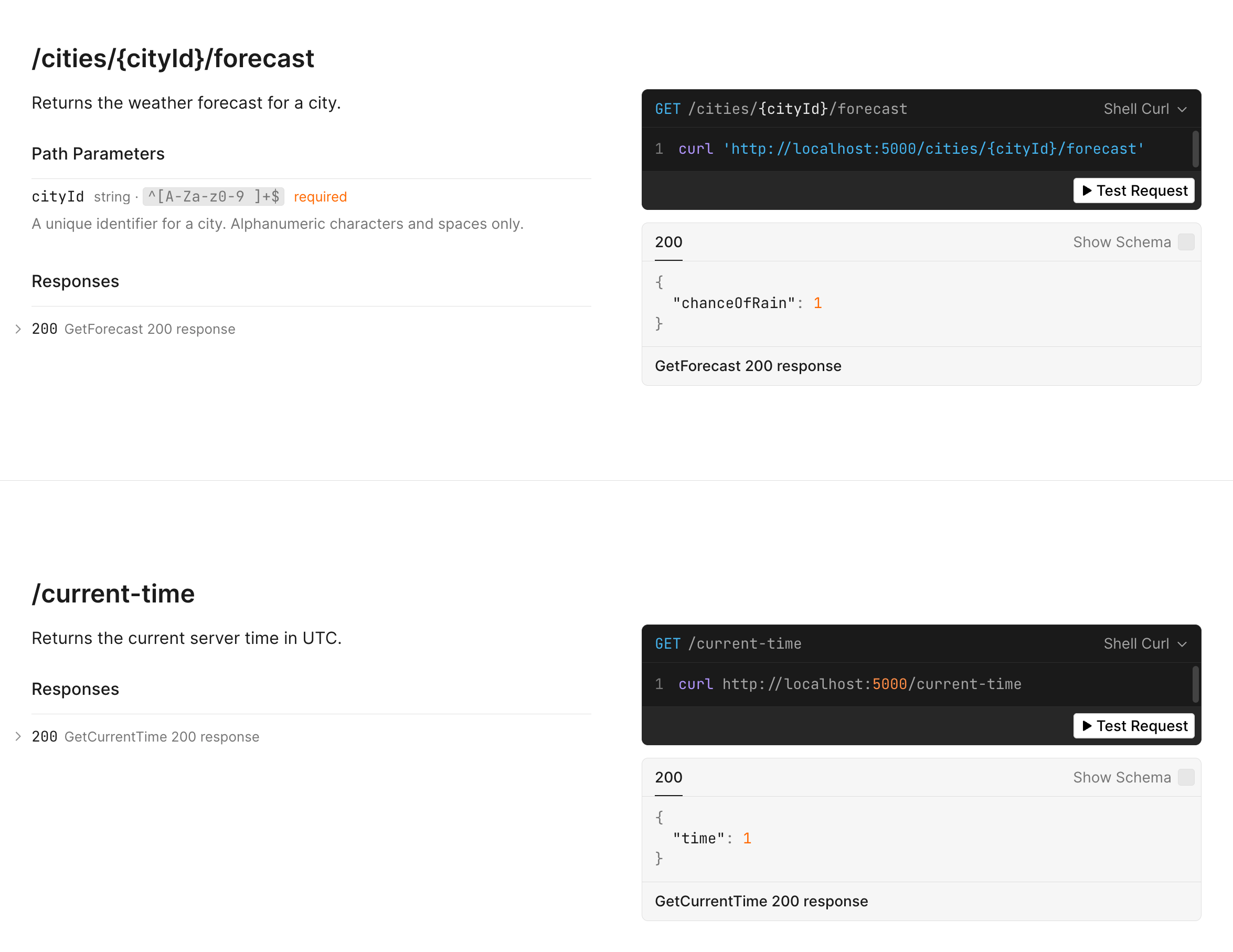 Scalar interactive API explorer showing the GetForecast endpoint